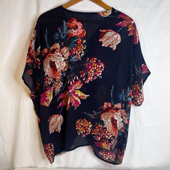 UmGee Tropical Bold Floral Print Blouse Waist Knot Boho Beachy Size Small Blue - Picture 2 of 8